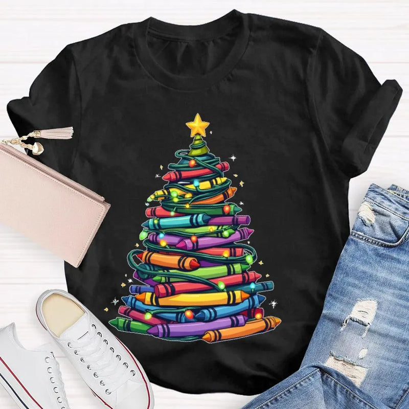 Holiday Graphic Tee, Christmas Tree Colored Pens T-Shirt, Art Teacher Christmas Shirt, Colorful Pen Xmas Tree Tee, Festive Artist Shirt