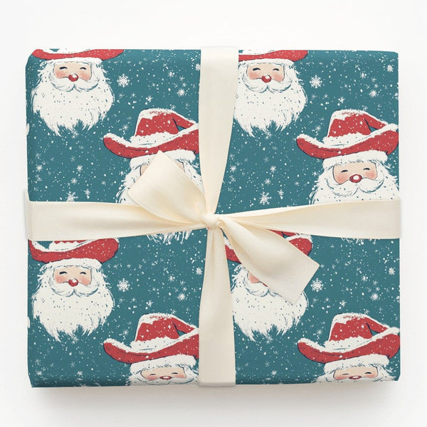 Rustic Teal Christmas Gift Wrap, Western Cowboy Santa Wrapping Paper, Country Santa Claus Wrapping Paper, Snowy Holiday Gift 