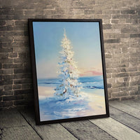 Impressionist Snowy Beach Canvas Print, White Christmas Tree Canvas Wall Art, Coastal Holiday Wall Decor, Winter Ocean Canvas Art Home Present