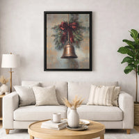 Pine Bough Red Bow Poster, Vintage Christmas Bell Wall Art Digital Download, Rustic Holiday Painting Print, Farmhouse Xmas Wall Decor Present