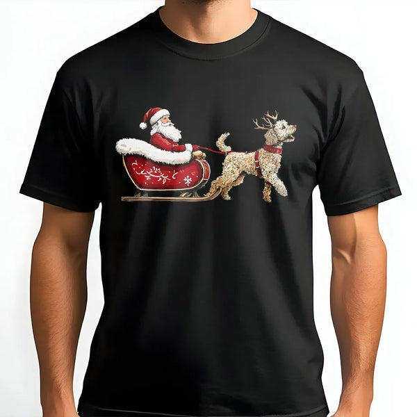 Santa Claus Sleigh Doodle Dog Graphic Tee, Goldendoodle Christmas T-Shirt, Humorous Dog Lover Xmas Shirt, Adorable Winter Pet