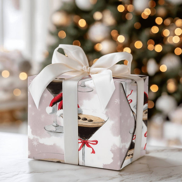 Santa Hat Cocktail Gift Wrap, Espresso Martini Christmas Wrapping Paper, Purple Holiday Drinks Wrapping Paper, Festive Party 