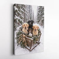 Labrador Beagle Winter Sled Wall Art, Dogs in Christmas Sleigh Canvas, Snowy Forest Dog Canvas Print, Rustic Holiday Dog Wall Decor
