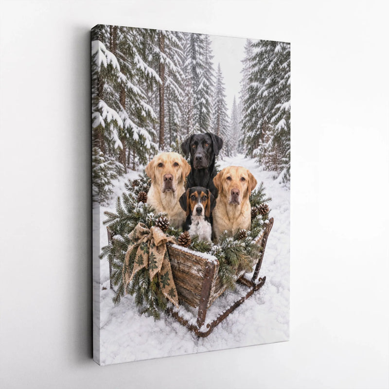 Labrador Beagle Winter Sled Wall Art, Dogs in Christmas Sleigh Canvas, Snowy Forest Dog Canvas Print, Rustic Holiday Dog Wall Decor
