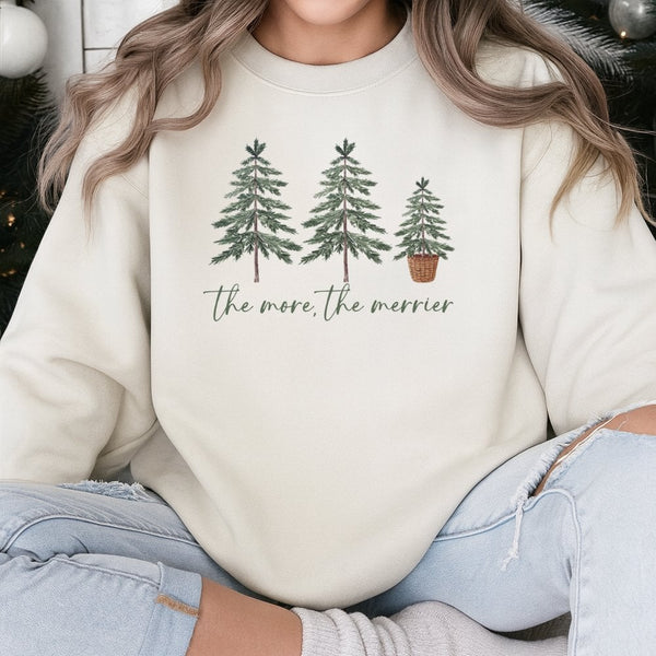Minimalist Pine Tree Holiday Sweater, The More the Merrier Christmas Sweatshirt, Retro Winter Tree Crewneck, Adorable Xmas Pu