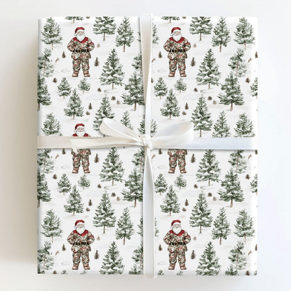 Watercolor Winter Forest Santa Gift Wrap, Camo Santa Wrapping Paper, Rustic Pine Tree Christmas Wrapping Paper, Outdoorsy Hol