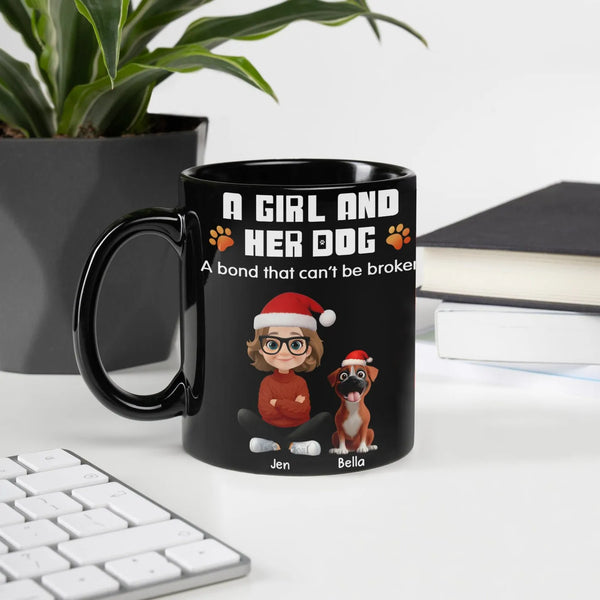 Girl and Dog Santa Hats Christmas Mug, Personalized Dog Mom Ceramic Mug, Custom Holiday Pet Coffee Cup, Xmas Present for Dog 