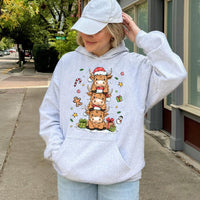 Stacked Farm Animal Holiday Sweatshirt, Adorable Highland Cow Christmas Hoodie, Festive Rustic Cow Pullover, Comfy Winter Xmas Hoodie