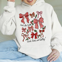 Festive Bow Graphic Sweatshirt, Deck the Halls Christmas Bows Hoodie, Coquette Holiday Hooded Pullover, Adorable Christmas Apparel Present