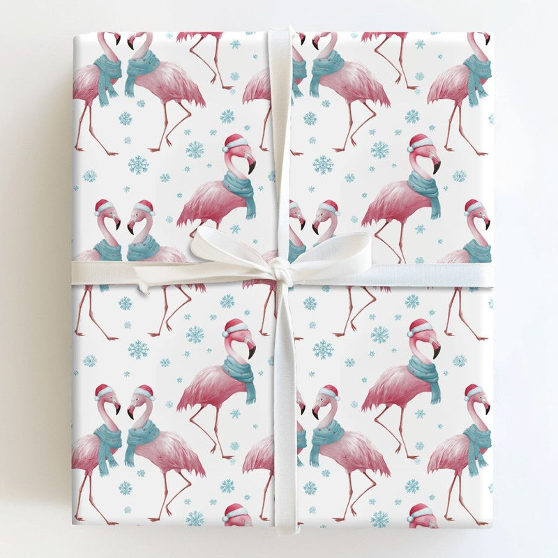 Tropical Santa Hat Holiday Gift Wrap, Christmas Flamingo Wrapping Paper, Adorable Winter Animal Present Paper, Coastal Xmas Wrap Roll