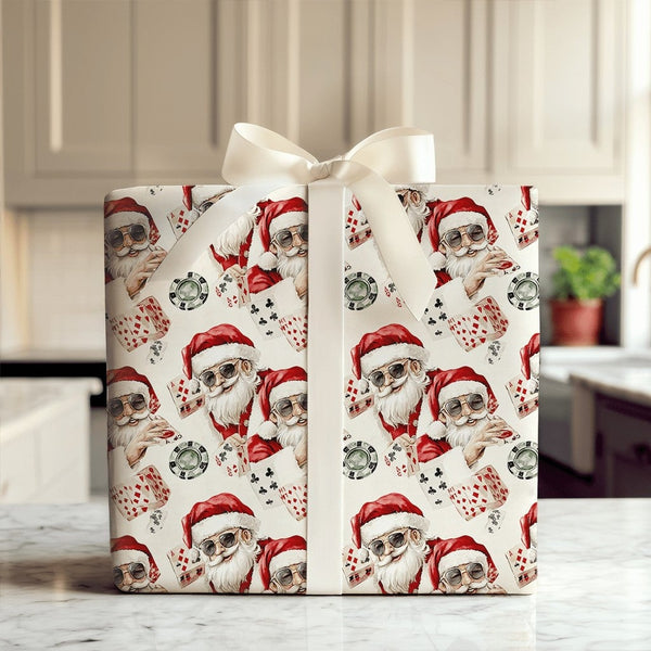 Sunglasses Santa Christmas Gift Wrap, Cool Santa Poker Wrapping Paper, Humorous Casino Wrapping Paper, Gambler Holiday Card P