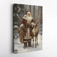 Christmas Forest Wall Art, Vintage Santa Claus Canvas Print, Holiday Santa and Reindeer Canvas Art, Traditional Winter Xmas Wall Decor