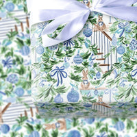 Blue Ornament Holiday Gift Wrap, Chinoiserie Bunny Christmas Wrapping Paper, Watercolor Bunny Wrapping Paper, Festive Gift Wrap Roll