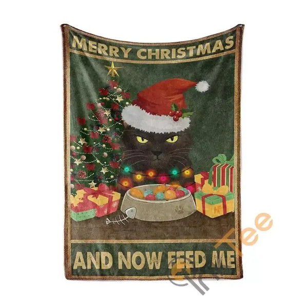 Merry Christmas Now Feed Me Blanket, Cat Christmas Throw Blanket, Humorous Holiday Kitten Fleece Bedspread, Xmas Pet Lover Co