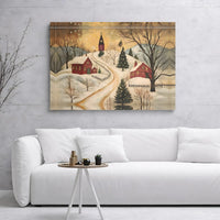 Snowy Church Christmas Canvas Print, Winter Christmas Village Canvas Wall Art, Folk Art Christmas Wall Art, Digital Download Holiday Print