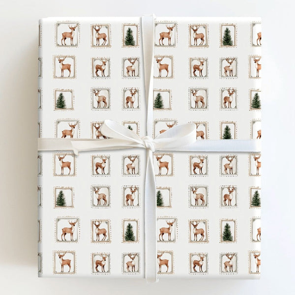 Rustic Christmas Gift Wrap, Vintage Reindeer Wrapping Paper, Pine Tree Stamp Wrapping Paper, Holiday Deer Gift Wrap, Winter G