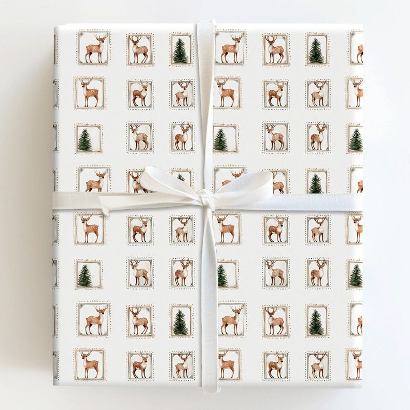 Rustic Christmas Gift Wrap, Vintage Reindeer Wrapping Paper, Pine Tree Stamp Wrapping Paper, Holiday Deer Gift Wrap, Winter Gift Wrap Roll