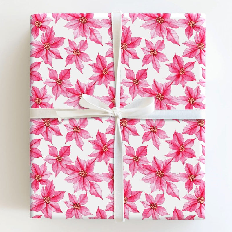 Watercolor Floral Christmas Gift Wrap, Pink Poinsettia Wrapping Paper, Elegant Holiday Wrapping Paper, Botanical Present Wrapping Paper