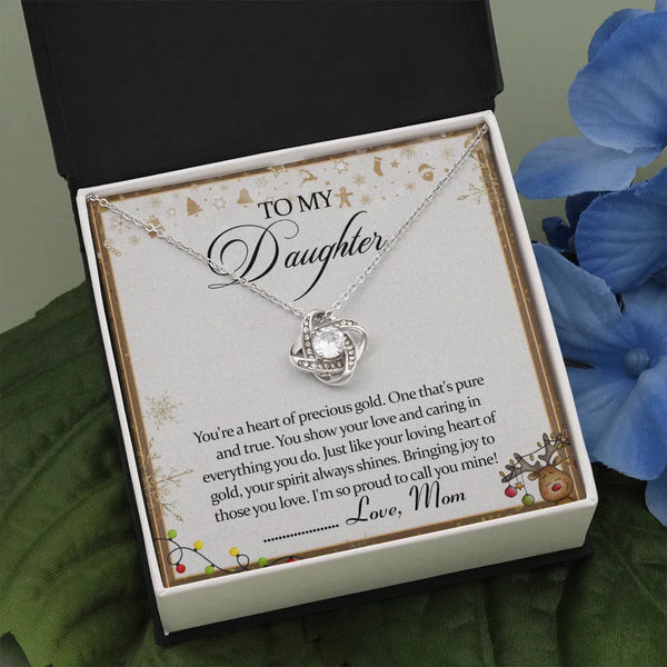 Heartfelt Christmas Pendant Necklace, Love Knot Necklace for Daughter, 14K White Gold Stainless Steel Jewelry, Holiday Keepsa