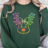 Coquette Bow Holiday Crewneck, Neon Reindeer Christmas Sweatshirt, Adorable Winter Reindeer Sweater, Retro Preppy Christmas Aesthetic Pullover