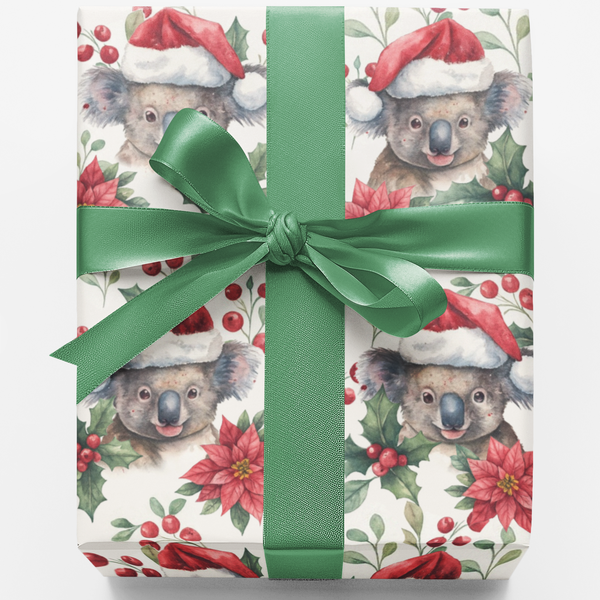 Adorable Koala Holiday Gift Wrap Roll, Santa Koala Christmas Wrapping Paper, Festive Animal Xmas Wrapping Paper, Unique Winte
