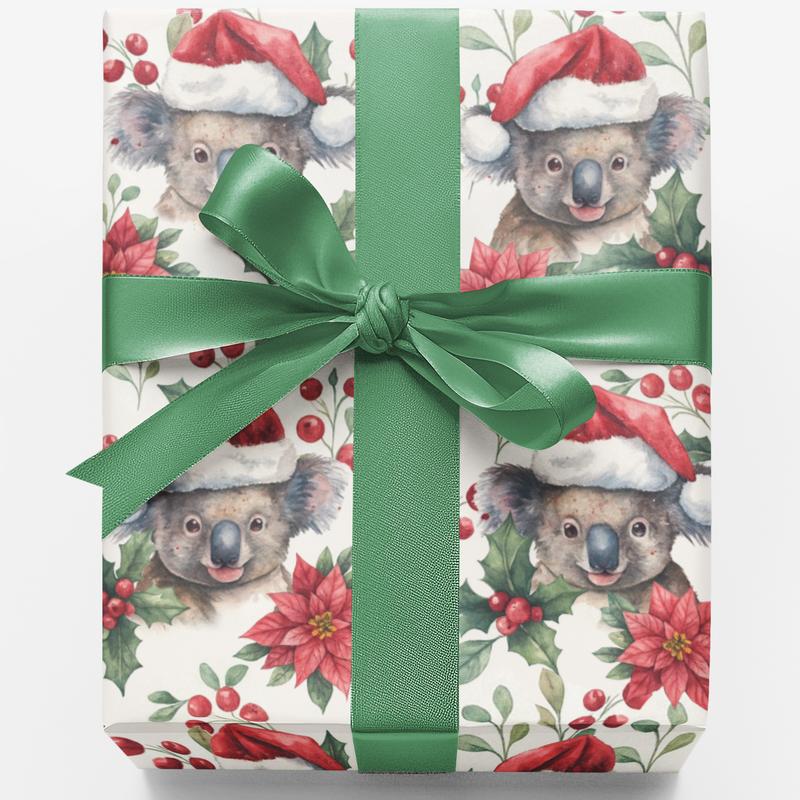 Adorable Koala Holiday Gift Wrap Roll, Santa Koala Christmas Wrapping Paper, Festive Animal Xmas Wrapping Paper, Unique Winter Present Supplies