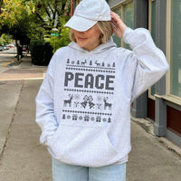 Reindeer Snowflake Pattern Sweatshirt, Peace Ugly Christmas Hoodie, Retro Holiday Fair Isle Pullover, Comfy Xmas Hooded Sweater for Couples