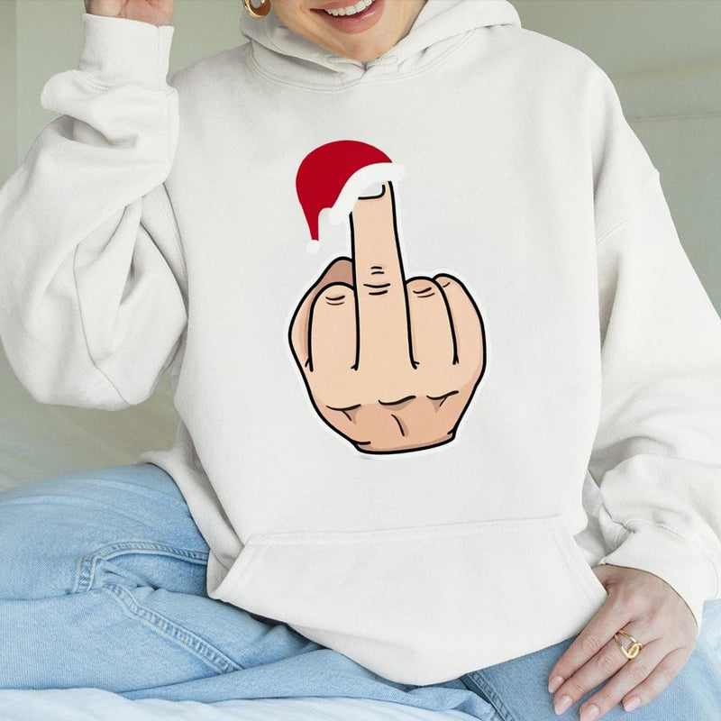 Humorous Christmas Sarcastic Sweatshirt, Middle Finger Santa Hat Hoodie, Rude Holiday Humor Pullover, Sassy Xmas Hooded Sweater