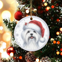 Adorable Santa Hat Puppy Ornament, Maltese Dog Christmas Ornament, Ceramic Holiday Tree Ornament, Round Dog Lover Keepsake, Festive Pet Present