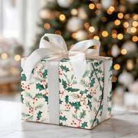 Traditional Christmas Gift Wrap, Watercolor Holly Berries Wrapping Paper, Botanical Winter Holiday Wrapping Paper, Festive Gift Wrap Roll