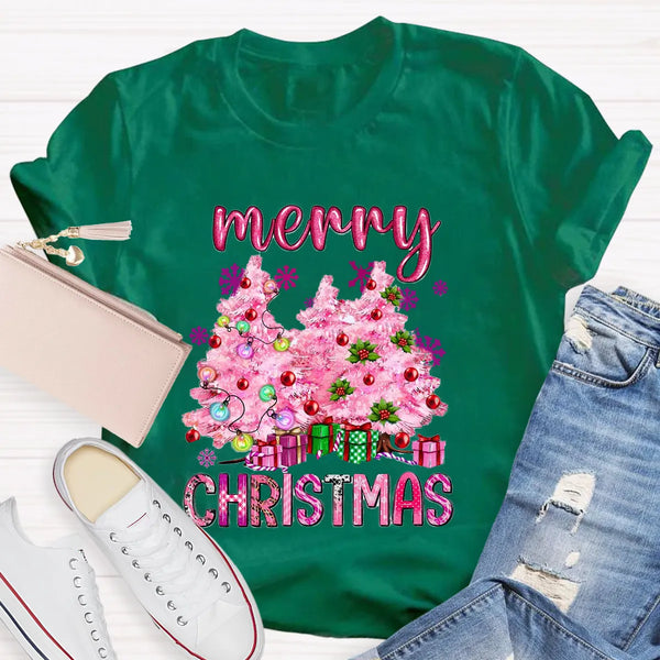 Festive Holiday Graphic T-Shirt, Pink Tree Christmas Teacher Shirt, Adorable Teacher Christmas Tee, Winter School Vacation Te