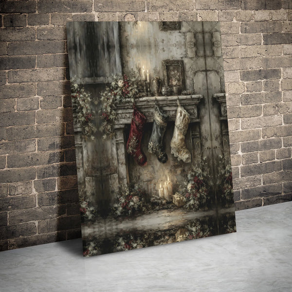 Comfy Holiday Stockings Decor, Vintage Christmas Fireplace Canvas Wall Art, Festive Christmas Canvas Print, Winter Living Roo