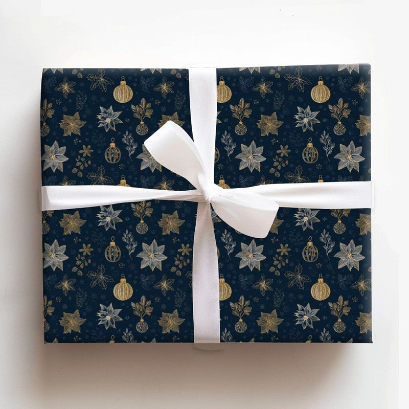 Floral Christmas Gift Wrap, Navy Blue Gold Poinsettia Wrapping Paper, 90 GSM Fine Art Paper, Luxury Holiday Present Wrapping Roll