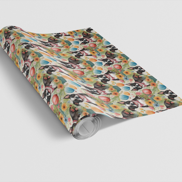 Floral Dog Wrapping Paper, Boston Terrier Gift Wrap Paper, Garden Party Puppy Gift Wrap, Dog Lover Christmas Present Wrapping