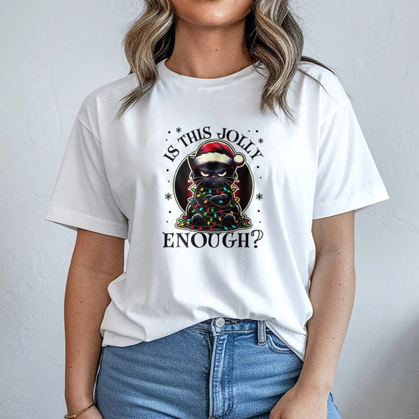 Grumpy Kitty Xmas Lights T-Shirt, Humorous Black Cat Christmas Shirt, Holiday Cat Lover Graphic Tee, Adorable Spooky Cat Shir
