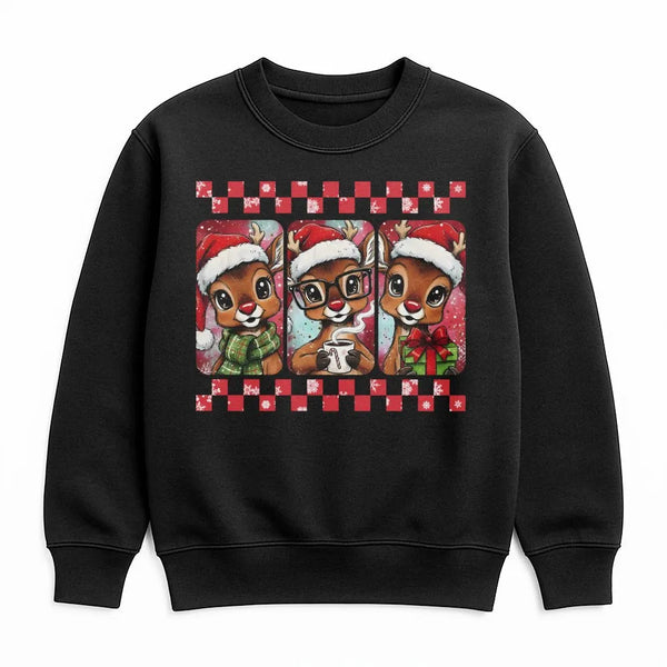 Checkered Holiday Reindeer Sweater, Retro Christmas Reindeer Sweatshirt, Adorable Xmas Crewneck, Festive Reindeer Pullover, T