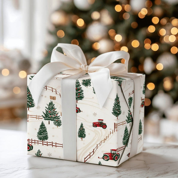 Farmhouse Holiday Gift Wrap, Red Tractor Christmas Wrapping Paper, Rustic Country Tractor Wrapping Paper, Winter Farm Present
