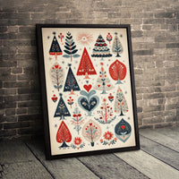 Nordic Holiday Pattern Print, Scandinavian Folk Art Christmas Tree Wall Art, Festive Winter Wall Poster, Farmhouse Xmas Digital Download