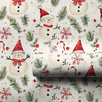 Adorable Holiday Snowmen Gift Wrap, Watercolor Snowman Wrapping Paper, Candy Cane Winter Wrapping Paper, Festive Christmas Present Paper Roll