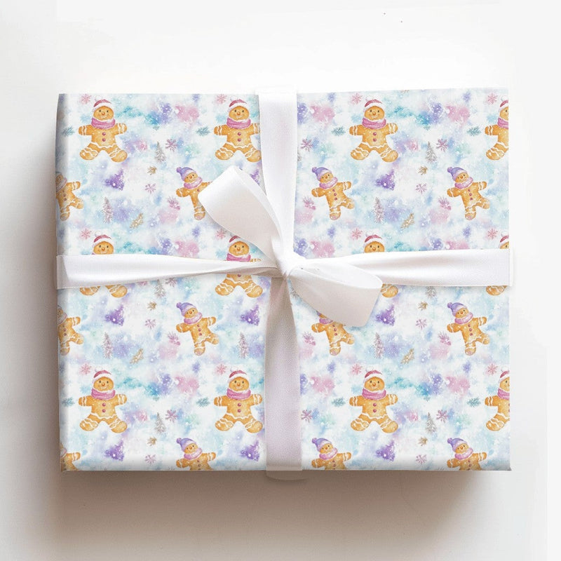 Pastel Winter Holiday Gift Wrap, Watercolor Gingerbread Man Wrapping Paper, Whimsical Christmas Wrapping Paper, Snowy Forest Gift Wrap Roll