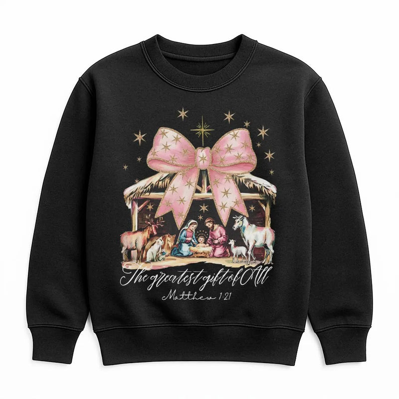 Coquette Pink Bow Manger Sweatshirt, Nativity Christmas Sweatshirt, Adorable Christian Holiday Crewneck, Religious Faith Graphic Winter Sweater