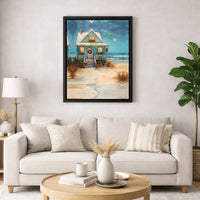Snowy Seaside Cottage Oil Painting Print, Coastal Christmas Beach House Canvas Wall Art, Nautical Holiday Decor, Digital Download