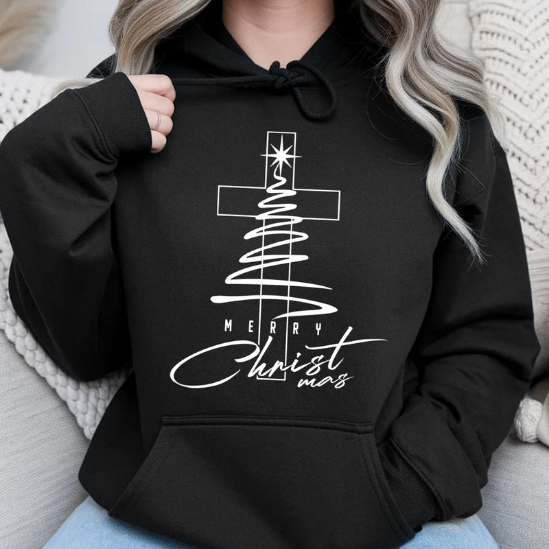 Christian Christmas Tree Hoodie, Merry Christmas Cross Hoodie, Religious Faith Holiday Hoodie, Winter Pullover Sweatshirt, Faith Present