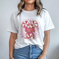 Coquette Bow Graphic Tee, Pink Candy Cane Christmas T-Shirt, Preppy Holiday Shirt, Adorable Aesthetic Xmas Graphic T-Shirt, Present for Women