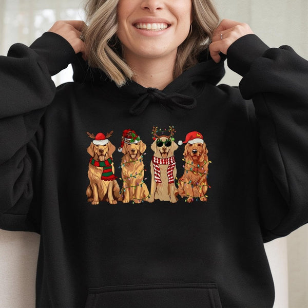 Festive Holiday Dogs Santa Hat Hooded Sweatshirt, Golden Retriever Christmas Hoodie, Adorable Xmas Pup Pullover, Dog Mom Wint