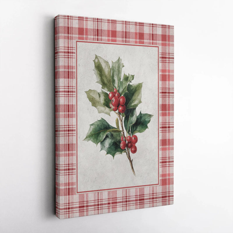 Botanical Red Plaid Watercolor Print, Christmas Holly Canvas Wall Art, Farmhouse Holiday Wall Decor, Digital Download Poster
