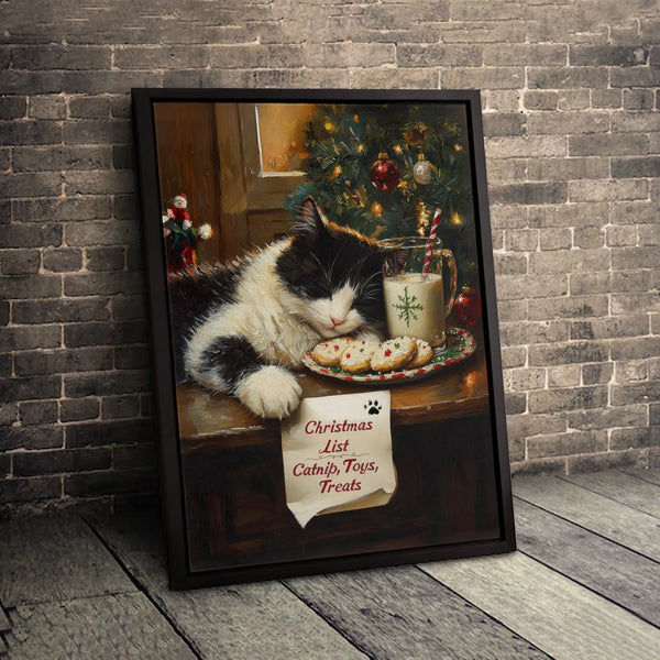 Adorable Holiday Kitten Wall Art Print, Sleeping Cat Christmas Canvas Art, Xmas Cat Milk and Cookies Poster