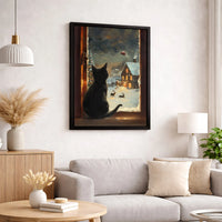 Santa Sleigh Snowy Village Wall Art, Black Cat Christmas Canvas Print, Comfy Winter Holiday Kitten Poster, Digital Download Cat Present