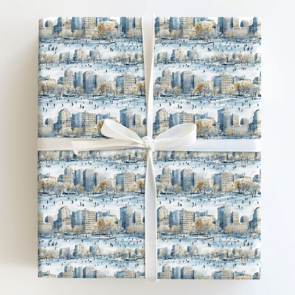 Watercolor Ice Skating Park Gift Wrap, Winter Cityscape Wrapping Paper, Snowy City Holiday Present Paper, Christmas Gift Wrap