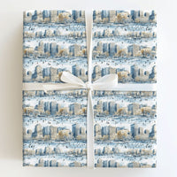 Watercolor Ice Skating Park Gift Wrap, Winter Cityscape Wrapping Paper, Snowy City Holiday Present Paper, Christmas Gift Wrapping Paper